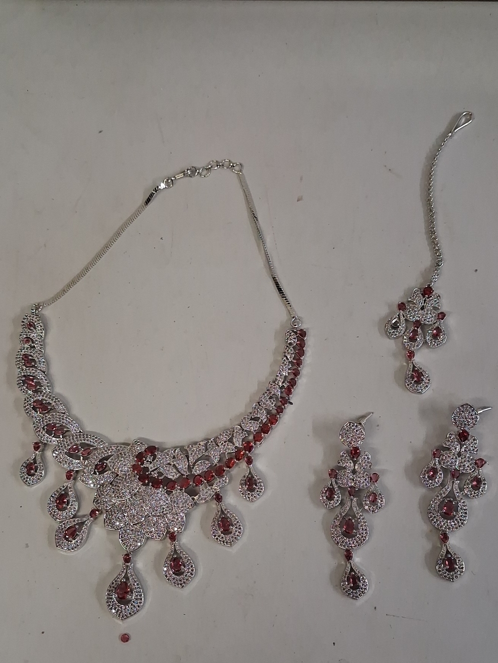 NWT Traditional Elegant Silver-Tone Necklace & Earring Set with Red Stones